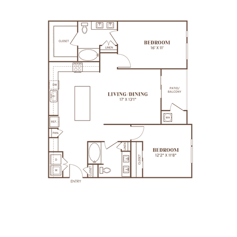 Floor plan for 2 beds, 2 baths, 1236 sqft